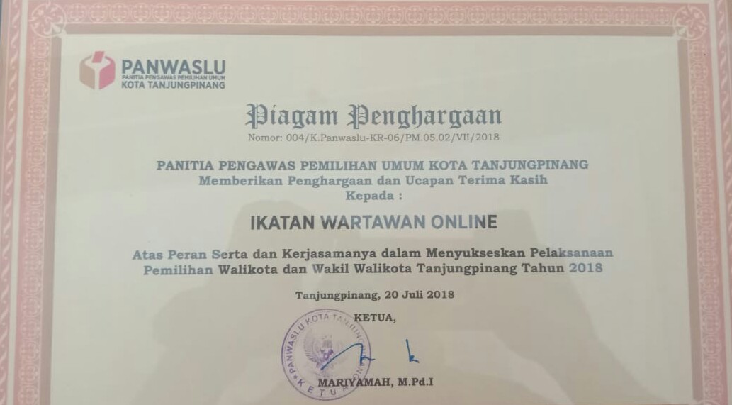 IWO Tanjungpinang Dapatkan Penghargaan Dari Panwaslu