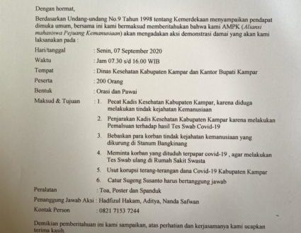 Ratusan Mahasiswa Akan Menggelar Aksi Demo Senin Besok di Dinkes Kampar