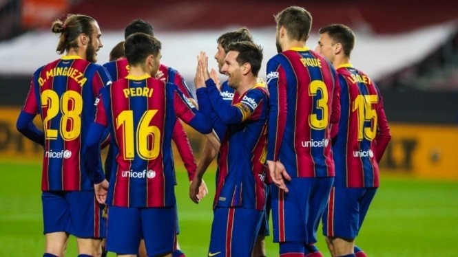 Barcelona rayakan gol (Twitter/@FCBarcelona via Viva.co.id)