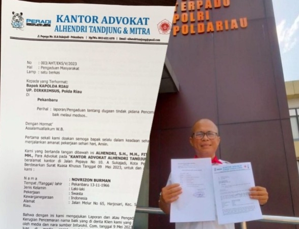 Diduga Langgar UU ITE, Novrizon Laporkan InfoRohil dan Syawal ke Ditreskrimsus Ketua SMSI Novrizon Burman melaporkan dugaan tindak pidana pelanggaran terhadap Undang Undang ITE, Rabu (10/5/2023).