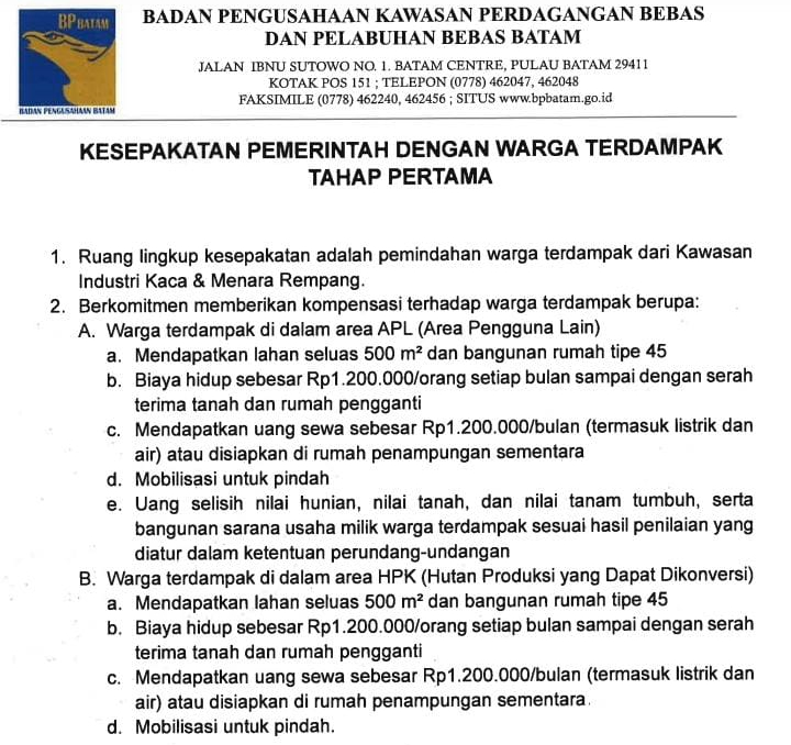 Tidak Ada Kesepakatan Antara BP Batam dengan Masyarakat Rempang